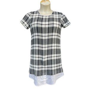 Sea New York Shift Black & White Plaid Tweed Shirt Tail Dress Size 0 Preppy Twee